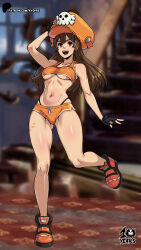  1girl absurdres bare_arms black_gloves black_panties blurry blurry_background breasts brown_eyes brown_hair collarbone commentary dolphin_shorts english_commentary fingerless_gloves full_body gloves guilty_gear hand_on_headwear hat highleg highleg_panties highres indoors kyoffie long_hair may_(guilty_gear) navel orange_footwear orange_hat orange_shorts orange_tank_top panties short_shorts shorts skull small_breasts smile solo stairs standing stomach tank_top thighs underboob underwear 