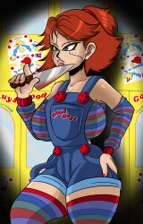  1girl absurdres breasts child&#039;s_play chucky cosplay english_text genderswap genderswap_(mtf) green_eyes highres holding holding_knife holding_weapon indoors kitchen_knife knife large_breasts medium_hair open_mouth orange_hair red_thighhighs short_twintails solo sonson-sensei teeth thighhighs twintails upper_teeth_only watermark weapon  rating:Questionable score:2 user:Keplergym2
