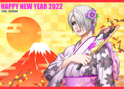  1girl blue_eyes hair_over_one_eye happy_new_year isabella_valentine japanese_clothes looking_at_viewer namco new_year soul_calibur  rating:Sensitive score:7 user:GPO2