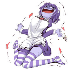  1girl apron bad_id bad_pixiv_id blue_skin colored_skin crazy_eyes drooling drugged drugs empty_eyes futaba_channel kanami_yuu maid maid_apron nijiura_maids open_mouth pill purple_eyes purple_hair purple_skin saliva shaking short_hair smile solo striped_clothes striped_thighhighs sweat thighhighs twitching yakui zettai_ryouiki  rating:Questionable score:40 user:cleric