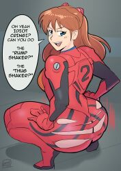  1girl ass blue_eyes bodysuit breasts brown_hair english_text full_body gloves hair_between_eyes highres huge_ass legs_apart light_blush long_hair looking_at_viewer looking_back medium_breasts neon_genesis_evangelion open_mouth plugsuit red_bodysuit red_gloves shiny_skin smug solo souryuu_asuka_langley torn_bodysuit torn_clothes zestysauce  rating:Sensitive score:77 user:Popote
