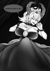  absurdres bowsette bracelet crown dress earrings english_text fang highres horns jewelry looking_at_viewer mario_(series) nintendo super_crown tongue tongue_out  rating:Sensitive score:3 user:MrSleez
