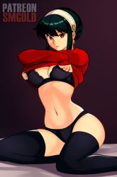  1girl absurdres black_hair black_panties bra breasts cleavage clothes_pull dress hairband highres navel panties pulling_own_clothes red_eyes sidelocks smgold solo spy_x_family thighhighs thighs underwear undressing yor_briar 