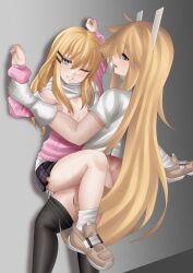  2girls absurdres against_wall ass bardanv3 blonde_hair blue_eyes breasts chrono_ark commission commissioner_upload crossover cum duelists_of_eden futa_with_female futanari gloves grimace hair_ornament highres jacket long_hair long_sleeves lucy_(chrono_ark) mechanical_ears multiple_girls non-web_source one_step_from_eden open_clothes open_jacket open_shirt saffron_(one_step_from_eden) scarf sex shoes short_sleeves simple_background skirt small_breasts sneakers socks spread_legs tears thighhighs thighs vaginal yuri 