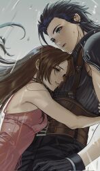  1boy 1girl aerith_gainsborough armor bare_shoulders belt belt_buckle black_gloves black_hair blue_eyes breasts brown_hair buckle choker commentary couple crisis_core_final_fantasy_vii cross_scar dress english_commentary facial_scar final_fantasy final_fantasy_vii final_fantasy_vii_rebirth final_fantasy_vii_remake gloves green_eyes hair_slicked_back height_difference highres hug long_hair looking_at_another looking_down outdoors parted_bangs parted_lips pink_dress rain ribbed_sweater scar scar_on_cheek scar_on_face shoulder_armor sleeveless sleeveless_dress sleeveless_turtleneck small_breasts spiked_hair suspenders sweater tears turtleneck turtleneck_sweater upper_body weiruler wet zack_fair 