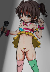  10s 1girl akagi_miria cleft_of_venus clothes_lift covered_erect_nipples groin highres holding idolmaster idolmaster_cinderella_girls loli looking_at_viewer microphone no_panties open_mouth pussy pussy_juice pussy_juice_trail rioneel shiny_skin short_hair skirt skirt_lift solo twintails uncensored 