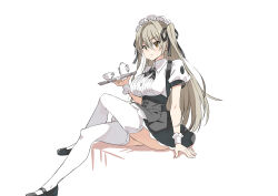  1girl absurdres black_footwear black_ribbon black_skirt blonde_hair borrowed_character breasts brown_eyes cakuiti character_request copyright_request crossed_legs cup full_body hair_ribbon highres holding holding_tray invisible_chair large_breasts maid_headdress mary_janes ribbon shirt shoes simple_background sitting skirt teacup teapot thighhighs tray white_shirt white_thighhighs wrist_cuffs 