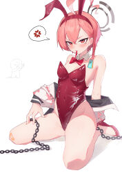  1girl absurdres ahoge anger_vein animal_ears asymmetrical_bangs bandaid bandaid_on_knee bandaid_on_leg bare_legs blue_archive bow bowtie braid breasts chain chinese_commentary commentary_request detached_collar fake_animal_ears halo highres huge_ahoge jacket kneeling leotard mole mole_under_eye mouth_hold neru_(blue_archive) neru_(bunny)_(blue_archive) nian962464 orange_hair oversized_breast_cup playboy_bunny print_jacket rabbit_ears red_eyes red_footwear red_leotard simple_background single_braid sitting small_breasts solo spoken_anger_vein strapless strapless_leotard sukajan tag traditional_bowtie wariza white_background  rating:Sensitive score:22 user:danbooru