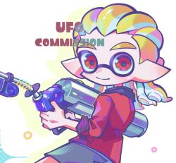  1boy blonde_hair closed_mouth commentary_request commission e-liter_4k_(splatoon) glint grey_shorts gun holding holding_gun holding_weapon inkling inkling_girl inkling_player_character jacket korean_commentary long_hair looking_at_viewer male_focus nintendo pointy_ears red_eyes red_jacket shorts smile solo splatoon_(series) tentacle_hair ufo_sw watermark weapon 