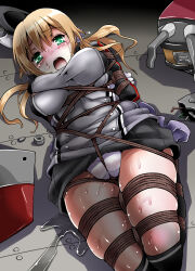  1girl arms_behind_back bad_tag bdsm black_thighhighs blonde_hair blush bondage bound bound_ankles bound_arms bound_legs bound_torso breasts cameltoe cleft_of_venus clothes clothes_lift clothes_pull crotch_rope crying crying_with_eyes_open dress dress_lift dress_pull embarrassed female female_focus full_body gloves green_eyes ground hair_between_eyes hair_ornament hat highres kantai_collection kinbaku large_breasts lilish long_hair looking_ahead looking_at_another looking_at_viewer looking_up lying lying_on_ground metal_floor military_uniform on_back open_mouth panties pantyshot pelvic_curtain prinz_eugen_(kancolle) pussy rope rope_bondage scrunchie shibari shibari_over_clothes skindentation solo solo_focus sweat sweatdrop tearing_up tears teeth thighhighs thighs twintails underwear uniform white_gloves white_panties 