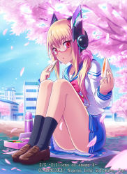  1girl ass bad_id bad_pixiv_id bento blonde_hair blue_skirt blue_sky blush bow brown_footwear building cherry_blossoms company_name copyright_name day eblmeka food glasses hair_ornament headset holding holding_food long_hair looking_at_viewer official_art outdoors penny_loafers petals pink-framed_eyewear pink_scrunchie ponytail red_bow red_eyes sandwich school_uniform scrunchie sidelocks sitting skirt sky socks thermos z/x 