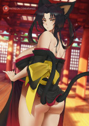 1girl alternate_breast_size animal_ears araneesama ass bare_shoulders black_hair breasts cat_ears cat_girl cat_tail clothes_lift commentary english_commentary female_focus hair_rings high_school_dxd highres huge_breasts indoors japanese_clothes kimono kimono_lift kuroka_(high_school_dxd) lipstick long_hair looking_at_viewer makeup mature_female multiple_tails nekomata no_panties off_shoulder parted_lips patreon_username purple_lips sideboob slit_pupils solo standing tail watermark web_address yellow_eyes rating:Questionable score:120 user:danbooru