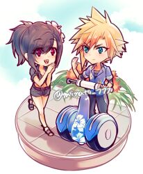  1boy 1girl belt belt_buckle black_hair blonde_hair blue_eyes blue_shirt blue_sky blush buckle chibi closed_mouth cloud cloud_strife cloud_strife_(ocean_chocobo) cloudy_sky collared_shirt commentary_request final_fantasy final_fantasy_vii final_fantasy_vii_rebirth final_fantasy_vii_remake flower foot_up full_body hair_between_eyes hair_flower hair_ornament hibiscus long_hair looking_at_viewer midriff minato_(ct_777) official_alternate_costume official_alternate_hairstyle open_mouth outdoors own_hands_together red_eyes sandals segway shirt short_shorts shorts sky smile spiked_hair standing standing_on_one_leg sweatdrop tied_shirt tifa_lockhart tifa_lockhart_(majestic_glamour) twitter_username 