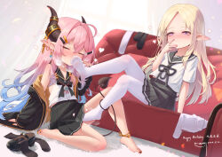  2girls absurdres anklet barefoot black_jacket black_skirt blonde_hair blue_eyes blue_hair blush breath closed_eyes couch demon_girl demon_horns demon_tail earrings feet footjob gradient_hair hand_on_another&#039;s_foot heart heart-shaped_pupils highres horns jacket jewelry karv legs loli long_hair multicolored_hair multiple_girls nail_polish no_shoes off_shoulder open_clothes open_jacket original pantyhose pink_hair pleated_skirt pointy_ears shirt shoes short_sleeves sitting skirt sleeveless sleeveless_shirt smelling_feet smile soles symbol-shaped_pupils tail thighs toes two-tone_hair unworn_shoes unworn_socks white_pantyhose white_shirt yuri  rating:Explicit score:22 user:danbooru