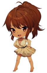  1girl bare_legs barefoot belt black_belt black_choker breasts brown_eyes brown_hair chibi choker closed_mouth collarbone commentary commission dark-skinned_female dark_skin dress english_commentary eyelashes full_body hands_on_own_hips happy knees large_breasts light_blush long_hair long_sleeves looking_at_viewer loose_hair_strand open_mouth original pleated_skirt ponytail satchely short_dress simple_background skirt smile solo studded_belt toes white_background white_dress 