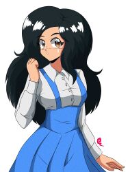  1990s_(style) 1girl absurdres black_hair breasts brown_eyes clock_tower_(series) highres jennifer_simpson large_breasts long_hair looking_at_viewer open_mouth overall_skirt retro_artstyle solo 