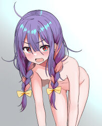 1girl absurdres ahoge bare_arms blush bow braid breasts collarbone completely_nude cowboy_shot female_pubic_hair gluteal_fold gradient_background hair_between_eyes hair_bow hair_over_shoulder highres leaning_forward long_hair looking_at_viewer lower_teeth_only messy_hair multicolored_hair navel nipples nude open_mouth original pubic_hair purple_hair red_eyes sidelocks small_breasts solo striped striped_bow teeth thigh_gap twin_braids two-tone_hair urushiushiru v-shaped_eyebrows yellow_bow rating:Questionable score:48 user:Sir_Cumalot