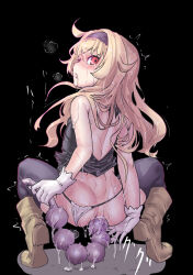  1girl anal anal_beads anal_object_insertion ass back bare_shoulders black_background black_shirt black_thighhighs blonde_hair boots brown_footwear clothing_aside female_focus from_behind full_body gloves highres little_witch_nobeta loli long_hair looking_at_viewer looking_back mersoleil03 nobeta object_insertion panties panties_aside red_eyes sex_toy shirt simple_background sleeveless solo spread_legs squatting tears thighhighs underwear white_gloves white_panties  rating:Explicit score:124 user:DarkToonLink