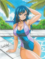  1girl 2021 arms_up blue_eyes blue_hair breasts bush cleavage days_of_memories highres large_breasts leona_heidern one-piece_swimsuit palm_tree pool poolside ravernclouk_design snk solo swimsuit the_king_of_fighters thick_thighs thighs tree water 