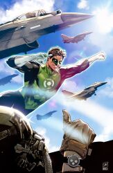 2boys aircraft alejandro_sanchez artist_logo artist_name black_bodysuit blue_sky bodysuit brown_gloves brown_hair clenched_hand collaboration comic_cover cover_image day dc_comics flying gloves green_bodysuit green_lantern green_lantern_(series) green_mask grin highres male_focus multiple_boys official_art outdoors pilot pilot_helmet salute sampere_art short_hair sky smile thumbs_up two-finger_salute two-tone_bodysuit watch western_comics_(style) white_gloves wristwatch