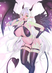 1girl bikini black_bikini blush breasts choker commission demon_girl demon_horns demon_tail demon_wings feathered_wings garter_straps green_eyes highres horns large_breasts long_eyebrows long_hair looking_at_viewer navel o-ring o-ring_bikini open_mouth original pointy_ears signature slit_pupils solo suerte swimsuit tail tattoo thigh_strap thighhighs tongue tongue_out very_long_hair white_hair wings rating:Sensitive score:150 user:danbooru