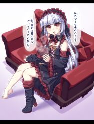  1girl barefoot blush boots feet grey_hair highres kyuutou_(kyuutouryuu) long_hair looking_at_viewer open_mouth red_eyes shoes sitting steam toes translated unworn_boots unworn_shoes 