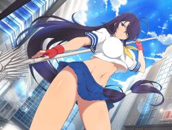  antenna_hair black_hair blue_eyes blue_sailor_collar blue_skirt breasts city cityscape closed_mouth cropped_shirt day fingerless_gloves gloves guan_dao hair_over_one_eye holding holding_polearm holding_weapon ikkitousen kan&#039;u_unchou large_breasts long_hair low-tied_long_hair miniskirt navel official_art polearm red_gloves ribbon sailor_collar senran_kagura senran_kagura_new_link skirt sunlight tan underboob weapon yellow_ribbon 