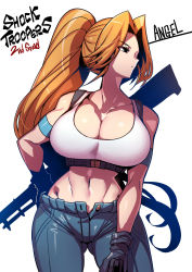  1girl angel_(shock_troopers) armband black_gloves blonde_hair breasts character_name cleavage closed_mouth collarbone copyright_name denim gloves gun highres jeans large_breasts long_hair navel open_fly pants ponytail shock_troopers shock_troopers_second_squad simple_background snk solo tank_top tukiwani weapon white_background 