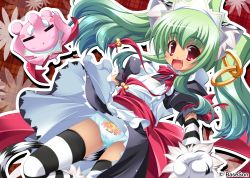  1girl :3 absurdres alternate_costume animal_ears animal_hands bell bonnet cameltoe cat_ears clothes_lift clothes_writing earrings elephant enmaided fang gloves green_hair highres jewelry jingle_bell koihime_musou kuwada_yuuki long_hair maid moukaku panties pantyshot paw_gloves print_panties red_eyes ribbon skirt skirt_lift smile solo striped_clothes striped_thighhighs tail thighhighs tiger_ears tiger_tail twintails underwear white_panties wind wind_lift  rating:Questionable score:10 user:danbooru