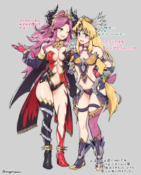  2girls ;) angela_(seiken_densetsu_3) ankle_boots ankle_wings armor armored_dress black_horns blonde_hair blush boots breasts center_opening cleavage commentary_request demon_horns detached_sleeves embarrassed forehead_jewel forehead_protector full_body ge-b head_wings helmet horns long_hair low-tied_long_hair medium_breasts multiple_girls one_eye_closed purple_eyes purple_hair revealing_clothes riesz seiken_densetsu seiken_densetsu_3 single_thighhigh smile spiked_anklet thighhighs translation_request vambraces very_long_hair wavy_mouth winged_helmet wings  rating:Sensitive score:36 user:danbooru