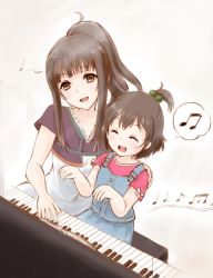  10s 2girls :d ^_^ age_difference akihisa201 bad_id bad_pixiv_id beamed_quavers brown_eyes closed_eyes closed_eyes family hair_bobbles hair_ornament instrument long_hair mother_and_daughter multiple_girls musical_note open_mouth overalls piano ponytail quaver sakai_mahiru sakai_wakana short_hair short_ponytail smile spoken_musical_note tari_tari aged_down 