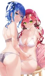  2girls absurdres ass back bare_arms bare_shoulders bikini blue_eyes blue_hair bow breasts butt_crack cleavage collarbone eyewear_on_head frilled_bikini frills from_behind green_eyes grey_background hair_bow hair_ornament halterneck heart heart-shaped_eyewear highres hololive hoshimachi_suisei jacket large_breasts long_hair looking_at_viewer looking_back low_twintails motsunuki multiple_girls navel off_shoulder open_clothes open_jacket parted_lips pink_jacket plaid plaid_bikini pulling_another&#039;s_clothes red_hair sakura_miko side-tie_bikini_bottom side_ponytail simple_background sitting small_breasts stomach stool strap_pull string_bikini sunglasses swimsuit thighs twintails unmoving_pattern virtual_youtuber white_background white_bikini x_hair_ornament yuri  rating:Sensitive score:40 user:danbooru