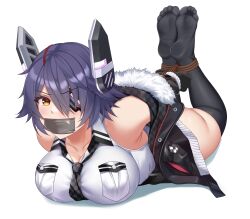 1girl absurdres angry ass bdsm black_thighhighs bondage bound breasts cleavage eyepatch feet feet_up gag gagged highres hogtie improvised_gag jacket kantai_collection kuroshiro_no_tsubasa large_breasts lying no_shoes on_stomach purple_hair restrained short_hair socks soles tape tape_gag tenryuu_(kancolle) thighhighs yellow_eyes  rating:Sensitive score:42 user:danbooru