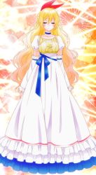 1girl absurdres blonde_hair blush breasts closed_eyes dress elbow_sleeves hair_ribbon highres kirisaki_chitoge long_hair nisekoi ribbon screencap shaft_(company) solo stitched third-party_edit rating:Questionable score:4 user:Karmakaze