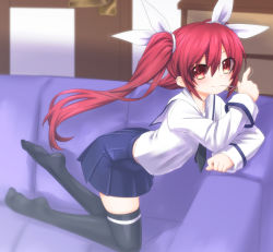 10s 1girl blush candy couch date_a_live food hair_ribbon itsuka_kotori lollipop long_hair looking_at_viewer mizunashi_(second_run) necktie red_eyes red_hair ribbon school_uniform smile solo thighhighs twintails rating:Sensitive score:6 user:danbooru