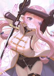  1girl 762807438 absurdres armpits arms_up black_gloves black_shirt blush breasts brown_horns bug butterfly closed_mouth coat commentary_request draph forward_facing_horns gloves granblue_fantasy highres holding holding_sword holding_weapon horns insect katana large_breasts looking_at_viewer multicolored_background narmaya_(granblue_fantasy) nose_blush partially_fingerless_gloves pink_butterfly pink_hair pointy_ears purple_eyes shirt solo sword upper_body weapon white_coat 