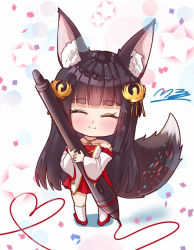  1girl ^_^ animal_ear_fluff animal_ears azur_lane bare_shoulders black_hair blunt_bangs chibi closed_eyes closed_mouth collarbone commentary_request dress facing_viewer fox_ears fox_girl fox_tail full_body hair_ornament heart holding holding_stylus kneehighs long_hair long_sleeves m_ko_(maxft2) nagato_(azur_lane) oekaki_musume pleated_dress red_dress red_footwear shoes smile socks solo standing star_(symbol) starry_background stylus tail very_long_hair white_background white_socks wide_sleeves 
