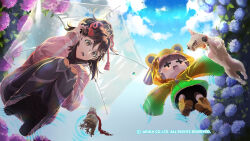  2girls brown_eyes brown_hair character_request cloud dog fighting_ex_layer full_body hair_ribbon highres holding holding_umbrella long_hair multiple_girls nanase_(street_fighter) official_art official_wallpaper open_mouth rain_(technictix) ribbon smile technictix umbrella 