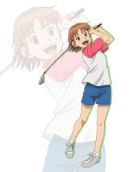 1girl :d blue_shorts brown_eyes brown_hair golf_club holding holding_golf_club multiple_views official_art ooi!_tonbo ooi_tonbo open_mouth pink_sleeves playing_games playing_golf playing_sports shirt short_hair short_sleeves shorts smile socks solo sportswear t-shirt transparent_background turning_head white_footwear white_shirt white_socks zoom_layer