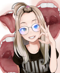  1girl blonde_hair blue_eyes forehead glasses grin highres long_hair looking_at_viewer natsui_tuna open_mouth original smile solo teeth tongue tongue_out  rating:Sensitive score:46 user:danbooru