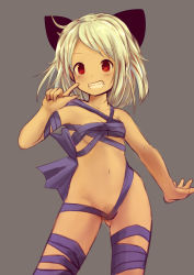 1girl female_focus female_pubic_hair grey_background grin highres naked_ribbon pubic_hair red_eyes ribbon simple_background smile solo tenteco_(covamin) white_hair rating:Explicit score:20 user:Dweenie