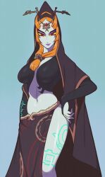  1girl blue_background breasts circlet colored_sclera cowboy_shot groin hair_tie hand_on_own_hip hood jeffmiga large_breasts looking_at_viewer midna midna_(true) navel nintendo orange_hair red_eyes sarong smile solo the_legend_of_zelda the_legend_of_zelda:_twilight_princess yellow_sclera 