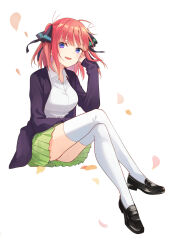  1girl absurdres ahoge ass black_footwear black_jacket black_ribbon blue_eyes breasts butterfly_hair_ornament collared_shirt crossed_legs falling_petals go-toubun_no_hanayome green_skirt hair_ornament hair_ribbon hand_in_own_hair hand_on_own_ear highres hime_cut jacket legs loafers long_sleeves looking_at_viewer meijin_kusano nakano_nino open_clothes open_jacket open_mouth petals pleated_skirt red_hair ribbon school_uniform shirt shoes short_hair skirt teeth thighhighs thighs twintails upper_teeth_only white_thighhighs 