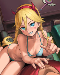 1boy 1girl barefoot bikini blonde_hair blue_bikini blue_eyes breasts breasts_apart facial_mark fake_horns foreshortening grin hair_between_eyes hairband halterneck hand_on_another&#039;s_chest hand_on_another&#039;s_leg heart heart_cheeks horns index_finger_raised indoors lasterk legs_together long_hair looking_at_viewer navel pov sitting sitting_on_lap sitting_on_person small_breasts smile solo_focus star_butterfly star_vs_the_forces_of_evil string_bikini swimsuit thigh_gap tsurime very_long_hair rating:Sensitive score:238 user:danbooru