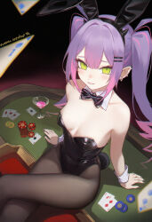 1girl absurdres ace_(playing_card) ace_of_clubs ace_of_diamonds ace_of_hearts ace_of_spades alternate_costume animal_ears arm_support artist_name barbell_piercing bare_shoulders black_bow black_bowtie black_leotard black_nails black_pantyhose bow bowtie breasts card club_(shape) cocktail_glass covered_navel crossed_legs cup demon_horns detached_collar diamond_(shape) double-parted_bangs drinking_glass ear_piercing earrings fake_animal_ears fake_horns fake_tail feet_out_of_frame fingernails from_above gradient_hair green_eyes hair_between_eyes hair_ornament hairclip heart highleg highleg_leotard highres hololive horns industrial_piercing jewelry leotard light_blush long_hair looking_at_viewer looking_up medium_breasts multicolored_hair nail_polish pantyhose parted_lips piercing pink_hair playboy_bunny playing_card poker_chip poker_table purple_hair rabbit_ears rabbit_tail sidelocks sitting smile solo spade_(shape) strapless strapless_leotard table tail teeth tokoyami_towa tomatoketchup96 twintails very_long_hair virtual_youtuber white_wrist_cuffs wrist_cuffs rating:Sensitive score:29 user:danbooru