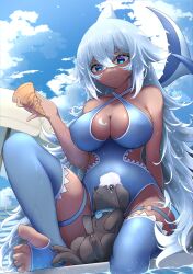  1girl absurdres artist_request bare_shoulders beach_umbrella blue_eyes blue_one-piece_swimsuit blue_thighhighs breasts cleavage cloud collarbone criss-cross_halter crossed_bangs dark-skinned_female dark_skin dog facial_mark fins fish_tail food grey_hair hair_between_eyes halterneck head_fins highres holding holding_ice_cream_cone ice_cream ice_cream_cone ice_cream_cone_spill indie_virtual_youtuber large_breasts long_hair o-ring o-ring_thigh_strap one-piece_swimsuit second-party_source shark_girl shark_tail sky solo swimsuit tail thigh_strap thighhighs toes trinity_(vtuber) umbrella virtual_youtuber water wet whisker_markings 