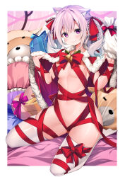  1girl animal_ear_fluff animal_ears areola_slip bell blush bow box breasts capelet cat_ears christmas closed_mouth commentary_request covered_navel eyebrows_hidden_by_hair frilled_bow frills fur-trimmed_capelet fur_trim gabao. gift gift_box hair_between_eyes hair_bow highres no_shoes original purple_eyes purple_hair red_bow red_capelet red_ribbon ribbon sack small_breasts smile solo stuffed_animal stuffed_toy teddy_bear thighhighs twintails white_thighhighs 