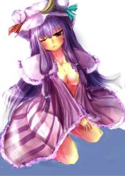  1girl breasts cleavage crescent frown hair_ribbon hat highres kneeling medium_breasts one_eye_closed open_clothes patchouli_knowledge purple_eyes purple_hair ribbon ryuufa solo touhou white_background wink 