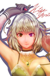  1girl armpits black_choker blonde_hair bra breasts choker cleavage closed_mouth commentary_request cosmetics dearmybrothers drop_shadow gloves green_bra green_eyes heterochromia highres holding idolmaster idolmaster_cinderella_girls jewelry lipstick_tube looking_at_viewer medium_breasts mole mole_under_eye necklace off_shoulder pink_lips purple_eyes short_hair smile solo strap_slip takagaki_kaede underwear upper_body white_background 