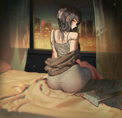  1girl arm_tattoo ass bare_shoulders bed bed_sheet black_bra black_hair blunt_bangs blurry blurry_background blush bra breasts building butterfly_tattoo crossed_legs curtains d_(killer_wife)_(nikke) d_(nikke) dongtan_dress dress from_behind goddess_of_victory:_nikke grey_dress gun highres large_breasts looking_at_viewer looking_back meme_attire night night_sky official_alternate_costume official_art pantylines profile red_eyes sitting sky skyscraper solo strap_slip tattoo underwear weapon window  rating:Sensitive score:33 user:Rtas